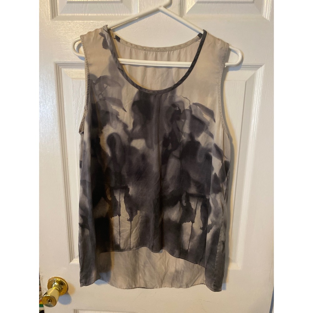 Eileen Fisher Silk Tank Top Abstract Watercolor Floral Print Grey Taupe Size S